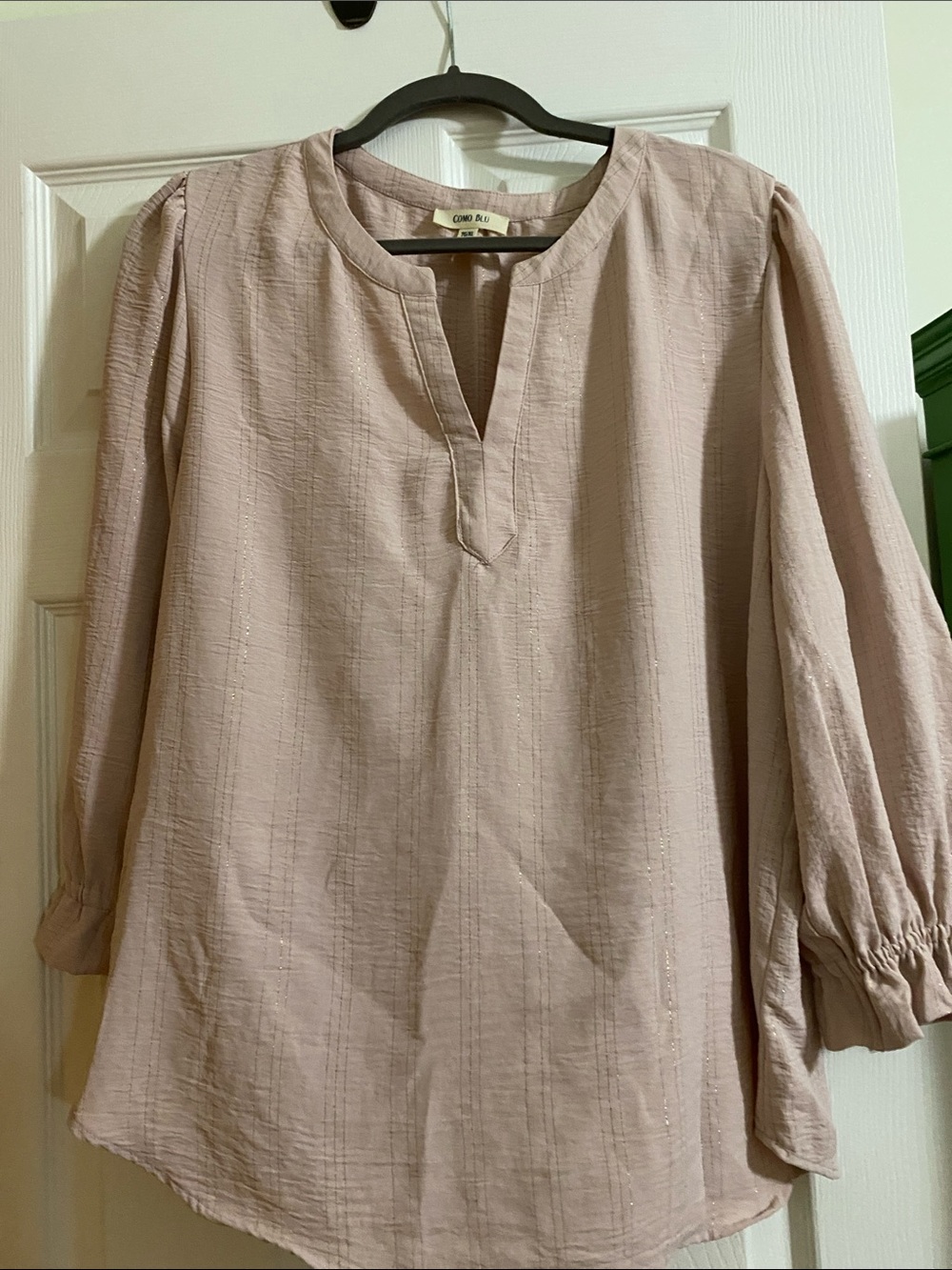 Como Blu Blush Pink Metallic Split-Neck Peasant Blouse